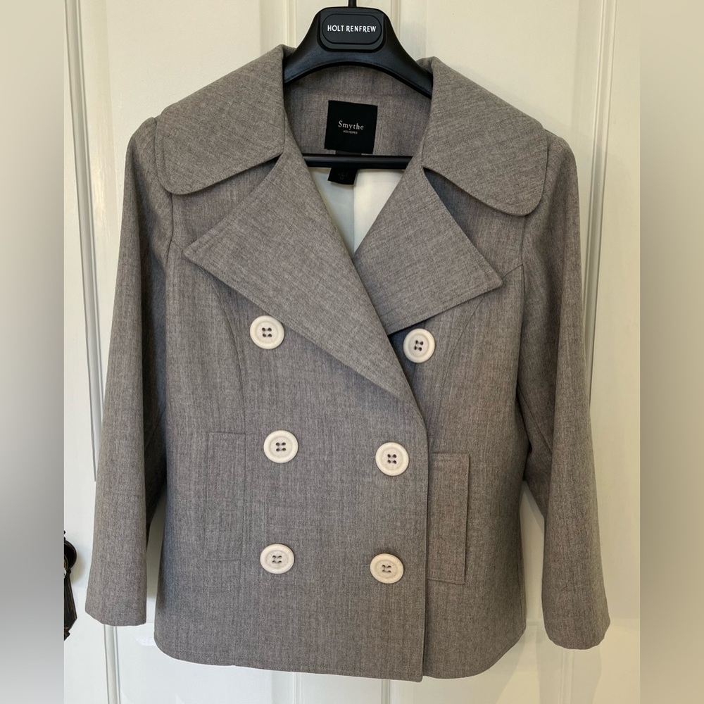 Smythe grey wool double breasted peacoat jacket 3/4 sleeves. Pristine. Size 12